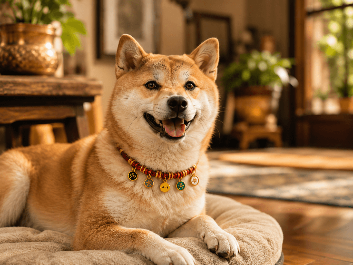 Shiba Inu wearing a BodhiPaws blessing collar in a warm home setting