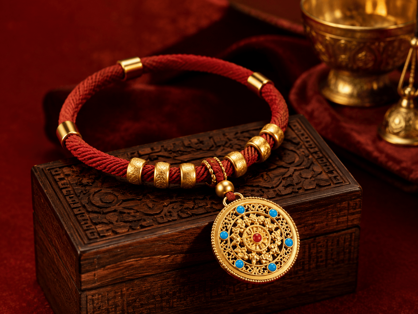 BodhiPaws blessing collar with symbolic gold pendant displayed on a carved wooden box