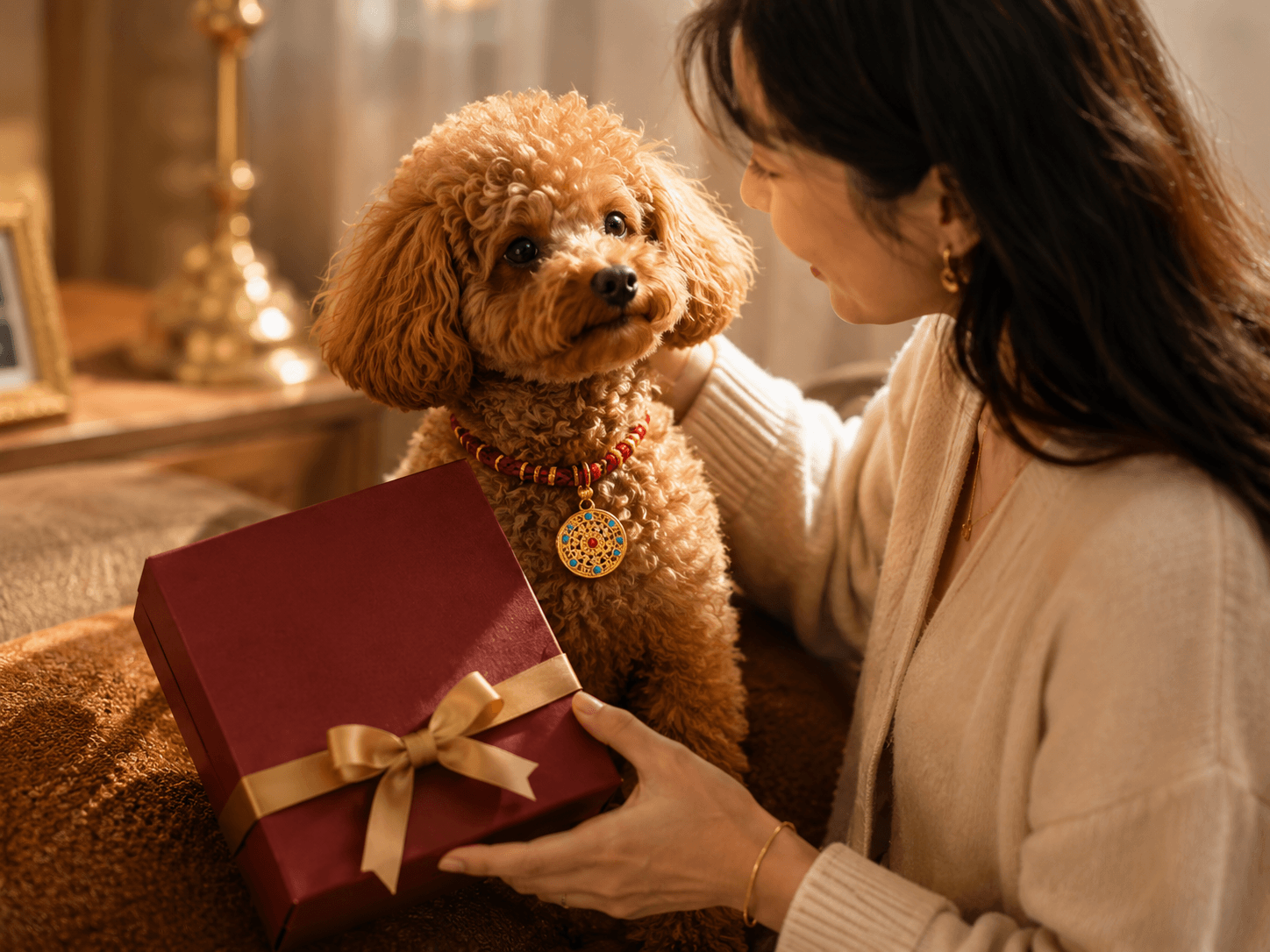 Pet owner with a poodle wearing a BodhiPaws blessing collar beside a red gift box