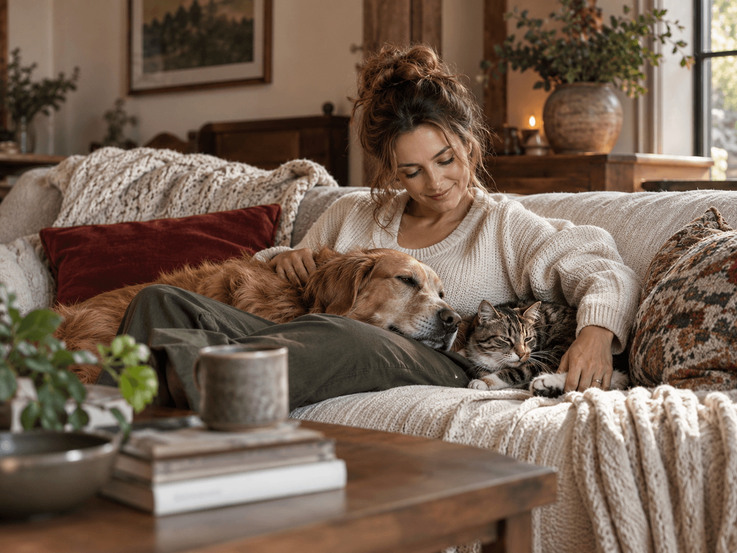 A pet parent sharing a quiet moment with her dog and cat