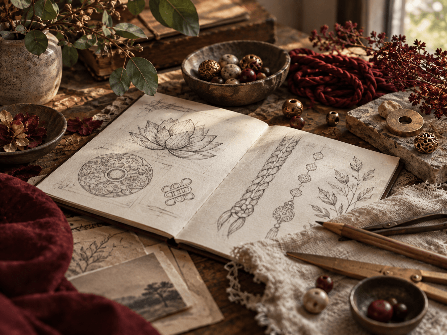 BodhiPaws design inspiration with symbolic sketches and natural materials